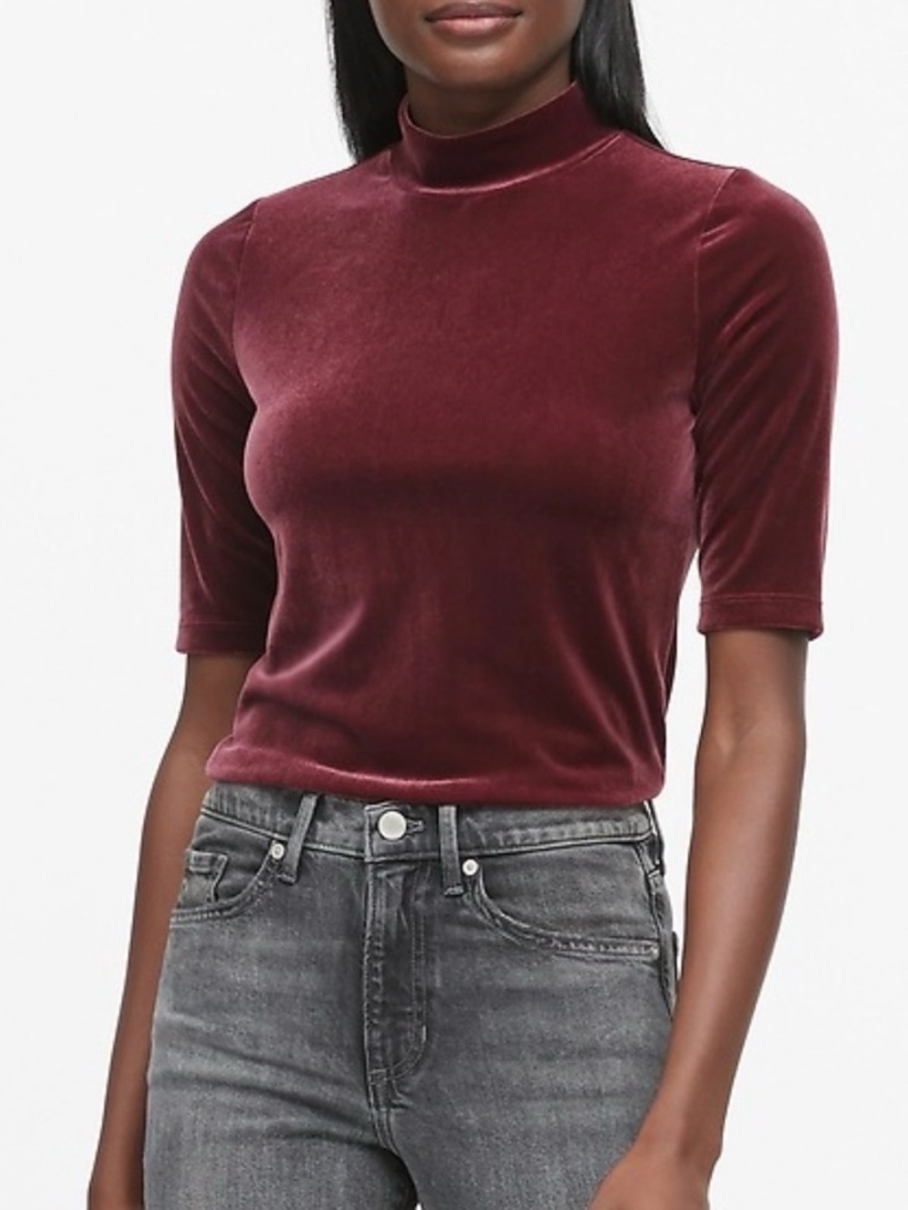 Velvet Mock Neck Women's Top - Burgundy